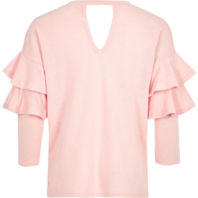 Girls pink knit double frill sleeve jumper
